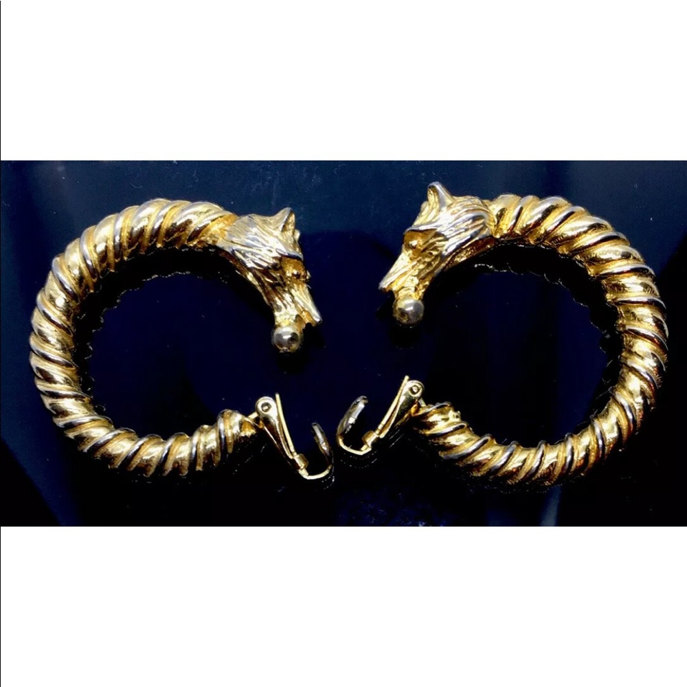 Rare fox gold tone clip on hoop earrings